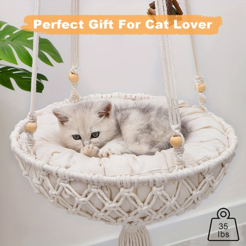 Handwoven Hanging Cat Hammock Boho Macrame Bed with Cushions and Hook Set