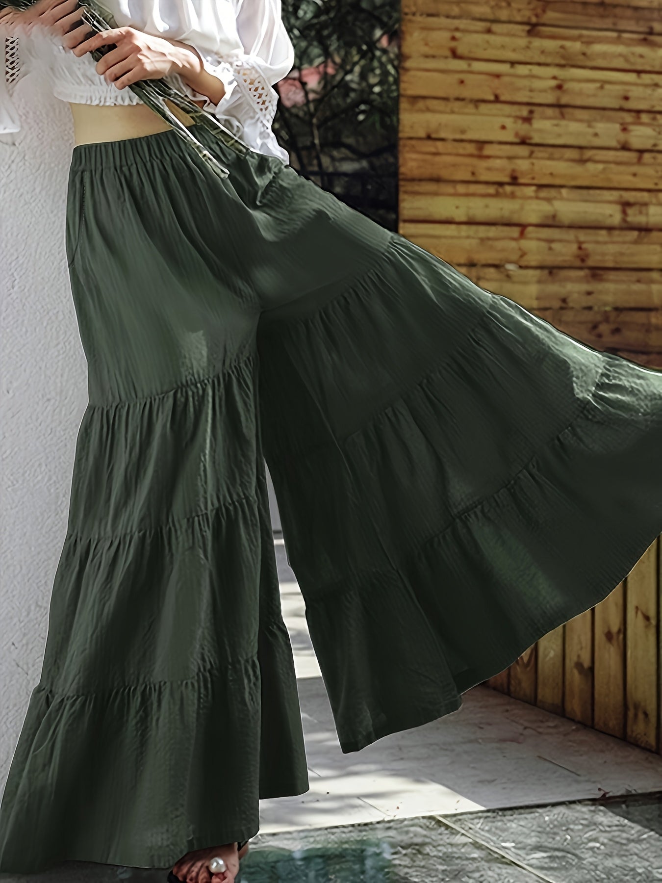 Women's Plus Size Green High-Waisted Wide Leg Pants Ruffle Tiered Casual