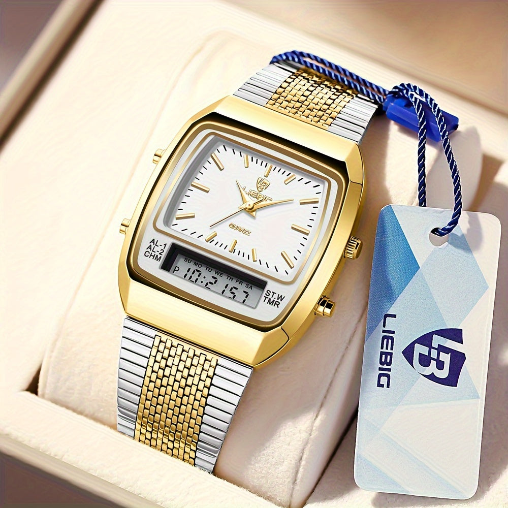 Reloj digital de doble pantalla con correa de acero impermeable para hombre y múltiples funciones