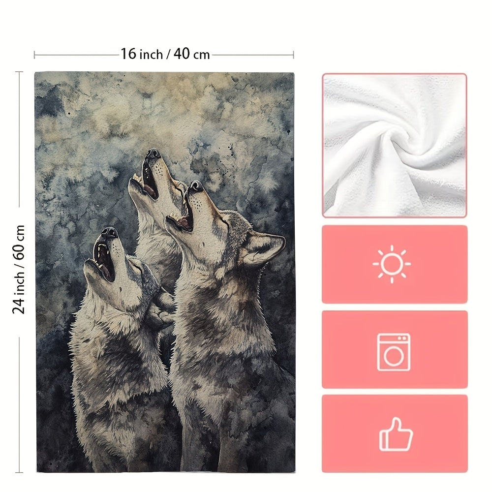 Set of 2 Watercolor Wolf Kitchen Towels, Absorbent, Machine Washable