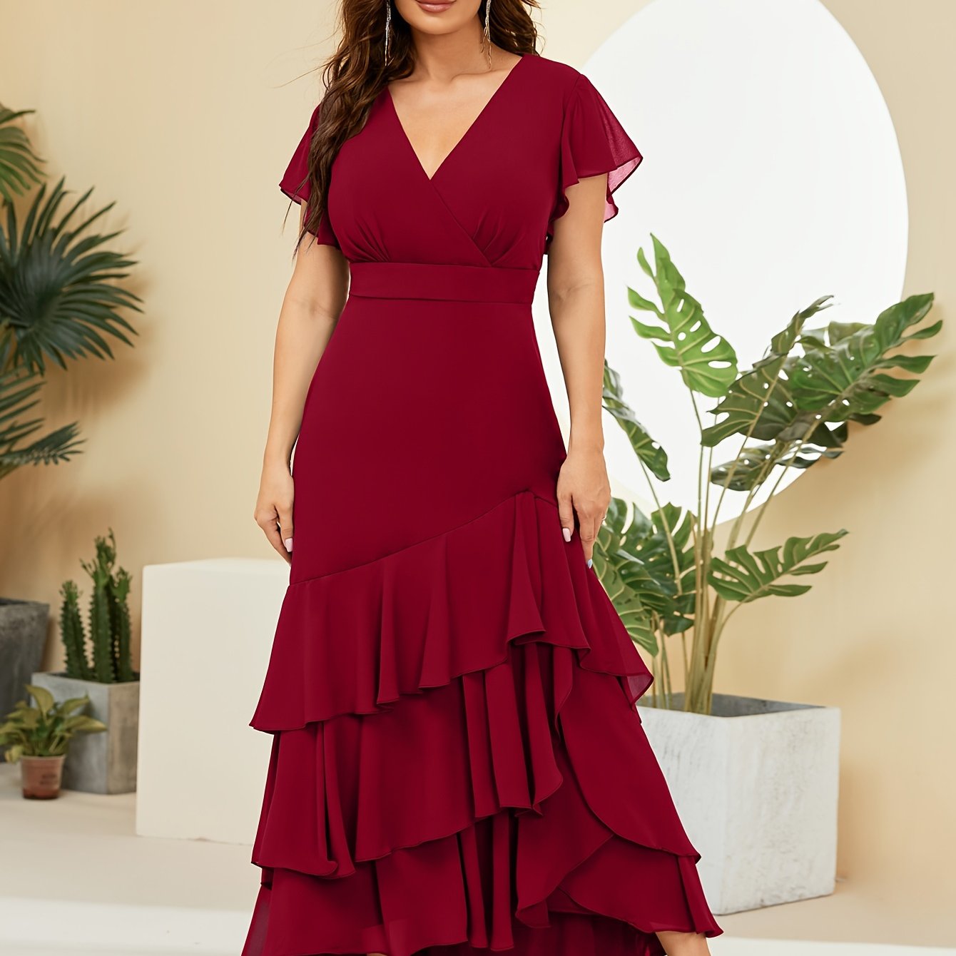 Vestido de talla grande con volante en el dobladillo, línea larga, manga flutter, para fiesta y glamour
