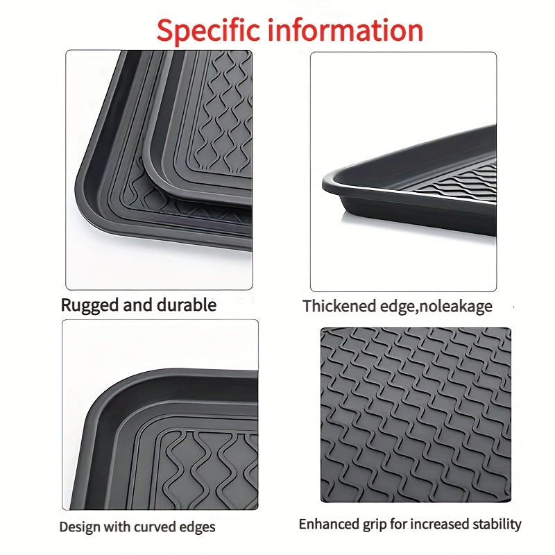 1 dona suv o'tkazmaydigan to'rtburchak shaklidagi qora plastik idish, yomg'irli mavsumda poyabzallar uchun ko'tarilgan chetlar bilan, pollarni ifloslik va suv dog'laridan himoya qilish uchun.