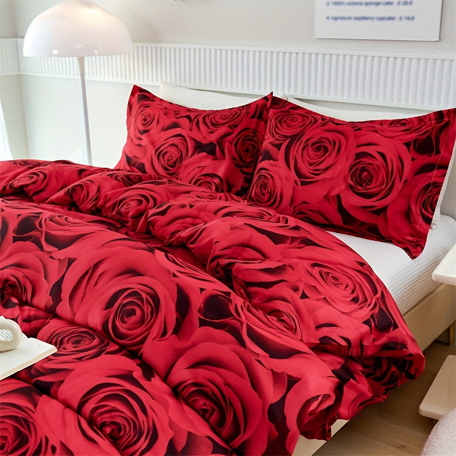 Set of 3 Red Rose Print Duvet Covers Bedding Set with Pillowcases for All Seasons