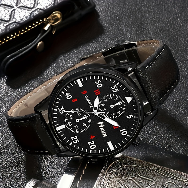 Men's Accessory Set Includes Quartz Watch Glasses Wallet Faux Leather Strap