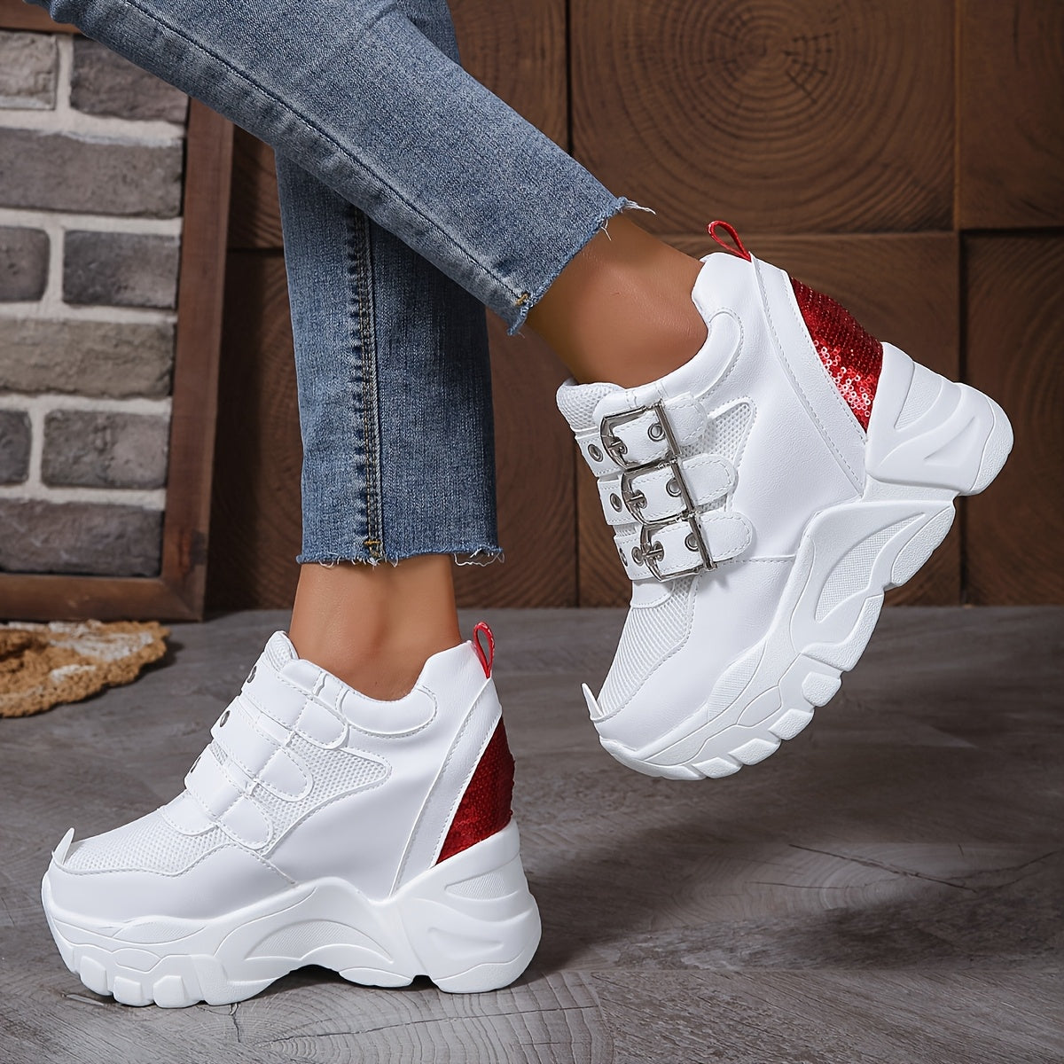 Women's Breathable Mesh Sneakers with Height Increase and Sparkling Sequins