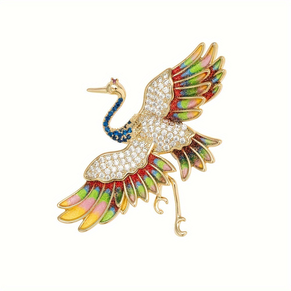 Enamel Crane Brooch Pin Animal Theme Jewelry for Cheongsam Suit Jackets Rhinestone Gold Tone