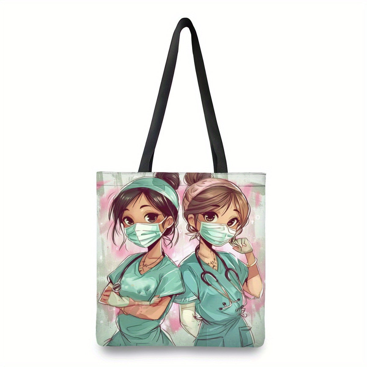 Large Capacity Shoulder Bag with Cartoon Nurse Print for Shopping and Daily Use