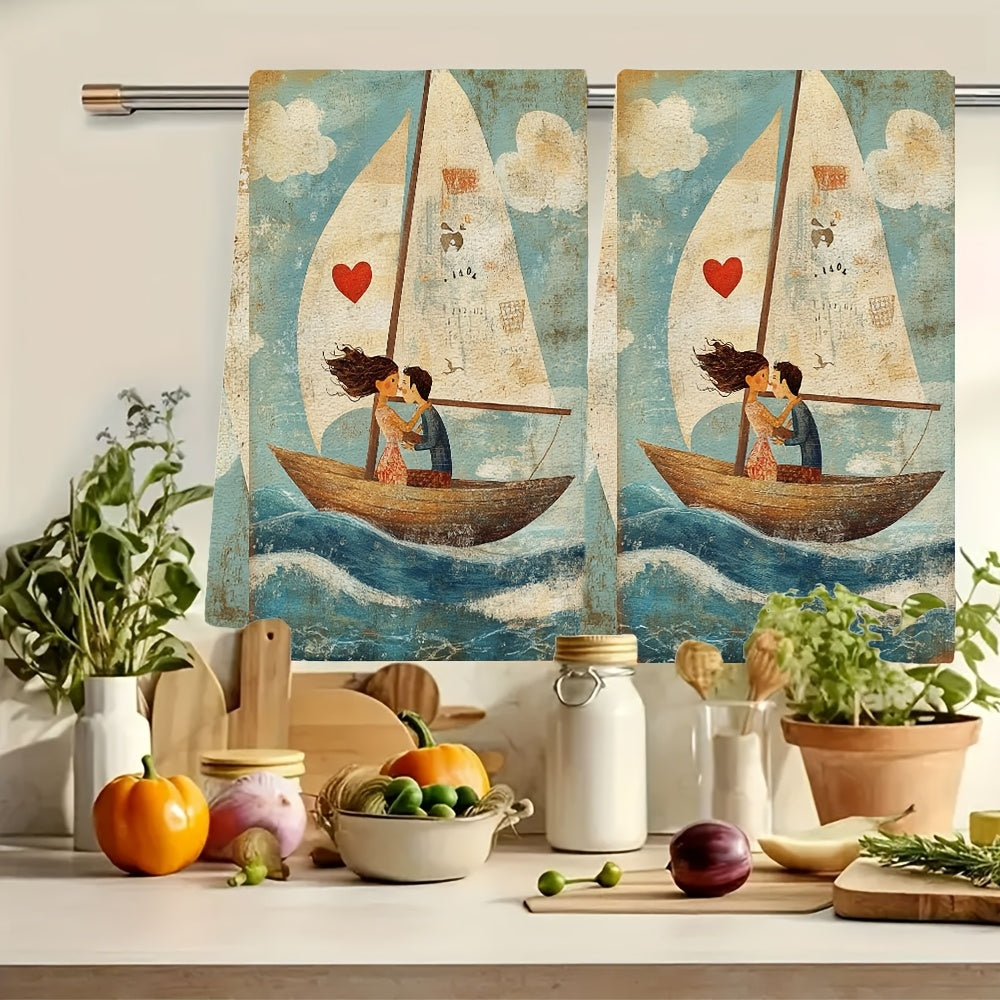 Two Pieces Ultra Soft Kitchen Towels Sailing Heart Illustration Absorbent Quick Dry
