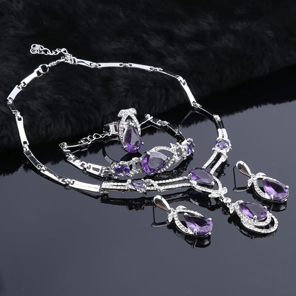 Women's Purple Gold Synthetic Zircon Jewelry Set Necklace Bracelet Earrings Ring for Parties Bridal