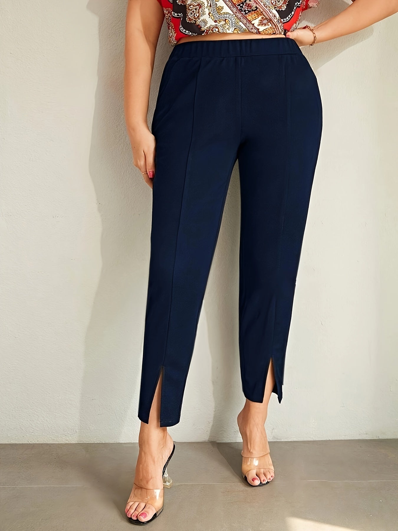 Plus Size High Waist Slim Fit Pants with Side Slits Solid Color Knit Fabric