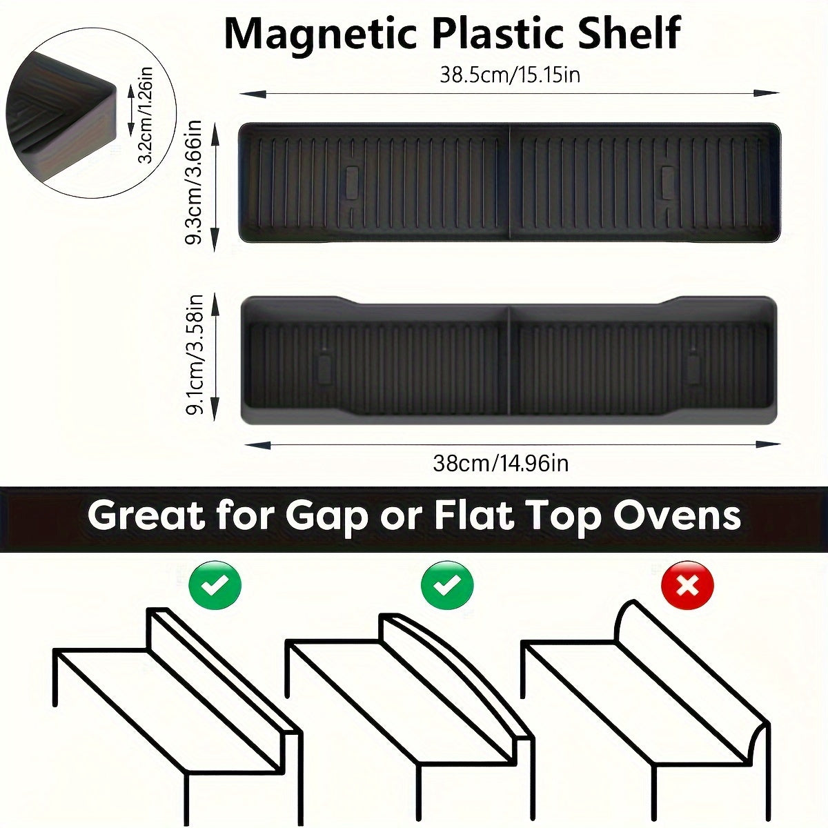 Ikkita magnit plastik pechka javoni, har biri 38.99 sm o'lchamda. Ziravorlar uchun oshxona saqlash javonlari sifatida ishlatilishi mumkin. O'rnatish oson va elektr energiyasini talab qilmaydi.