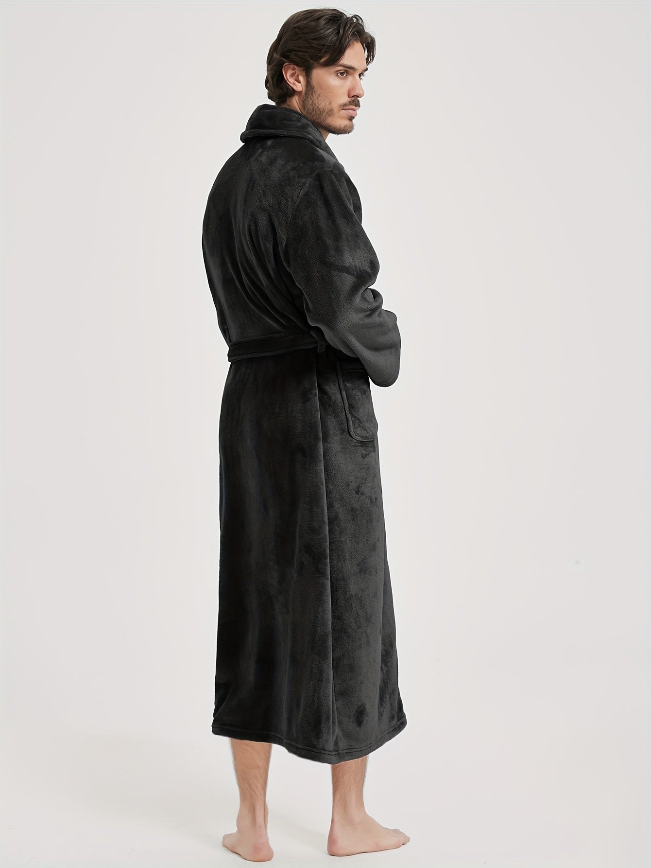 Plush Flannel Couples Robe Long Sleeve Solid Color with Pockets Belt for All Seasons