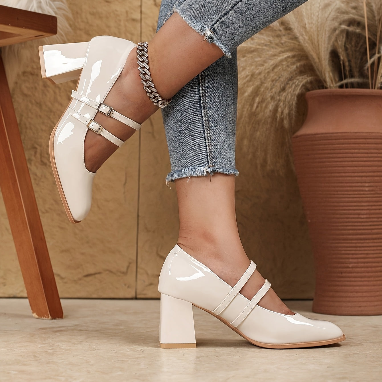 Women's Faux Cover Mary Jane Pumps with Chunky Heel and Square Toe