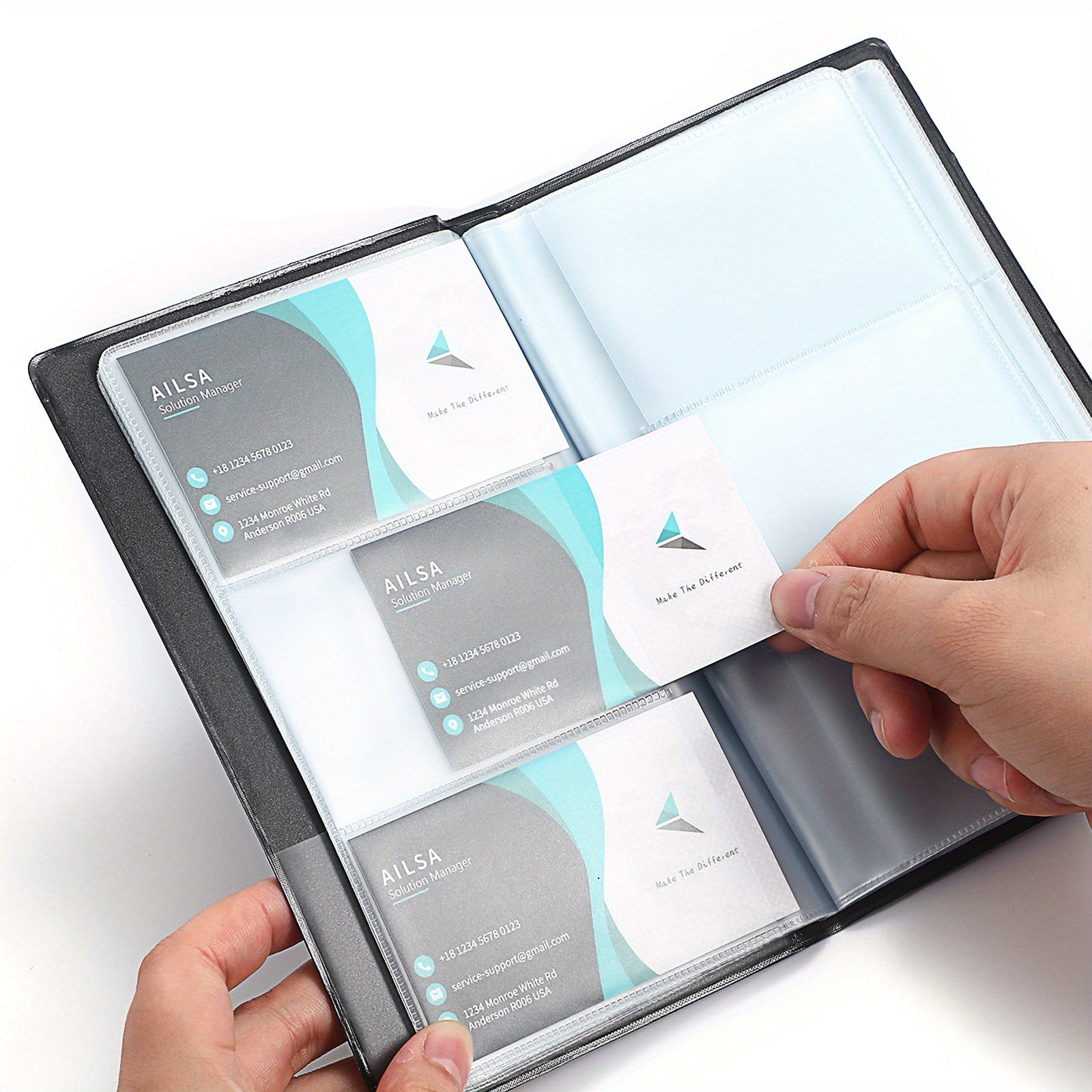 Erkaklar va ayollar uchun qora biznes karta saqlagichi, 240 ta karta sigʻimi bilan PVC choʻntaklar bilan tashkil etuvchi