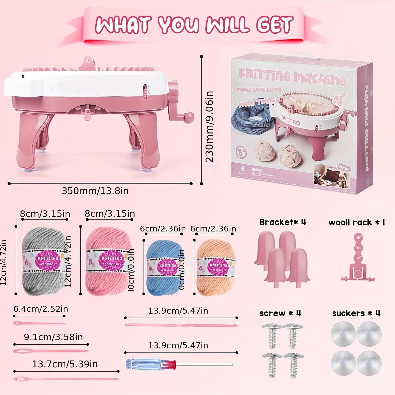 Yoshlar va boshlovchilar uchun 48 ignli to'qish mashinasi to'plami, turadigan joy bilan, pushti