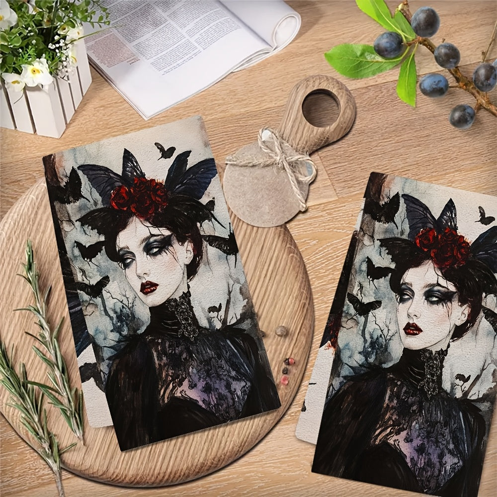 Two Pieces Gothic Kitchen Towels Red Roses Black Lace Absorbent 40x60 cm