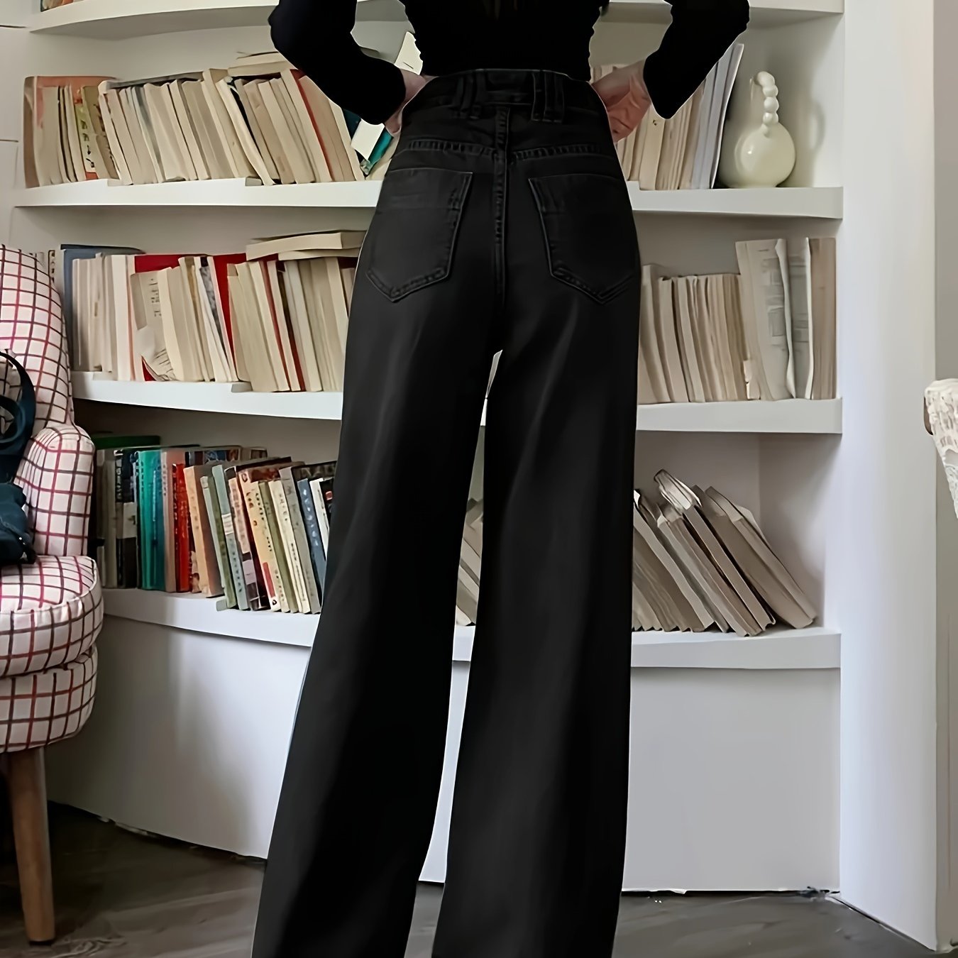 Women's Distressed Washed Blue Denim Pants Wide Leg High Waist Casual Jeans