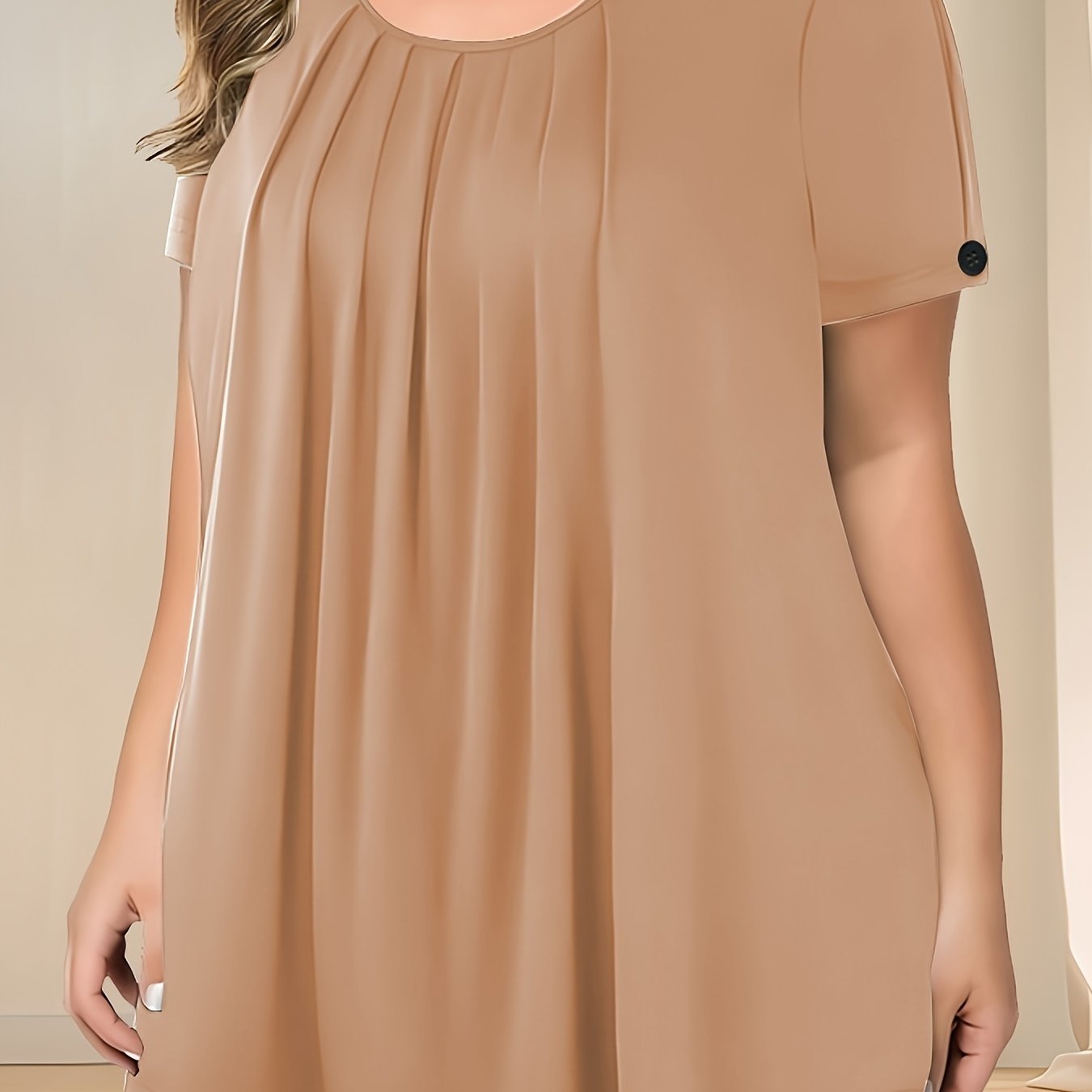Camiseta de mujer de talla grande con pliegues y botones, verano casual de color sólido con cuello redondo