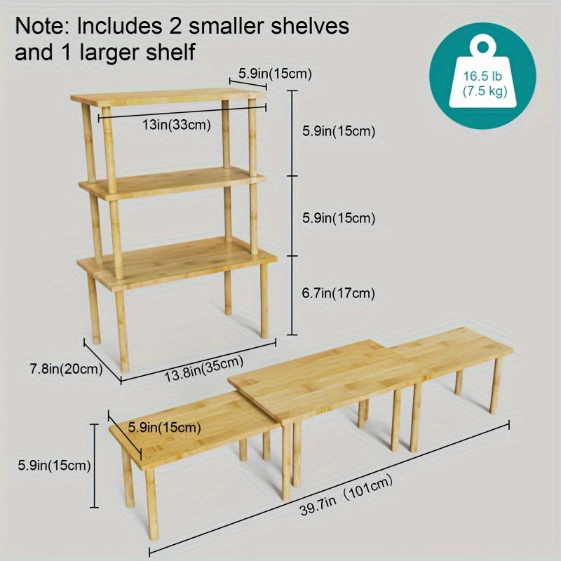 Set of 3 Bamboo Cabinet Organizers Adjustable Countertop Shelves Kitchen Storage Rack