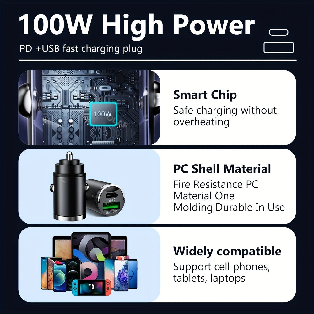 Mini 100W PD QC Fast Charging Car Charger for Smartphones