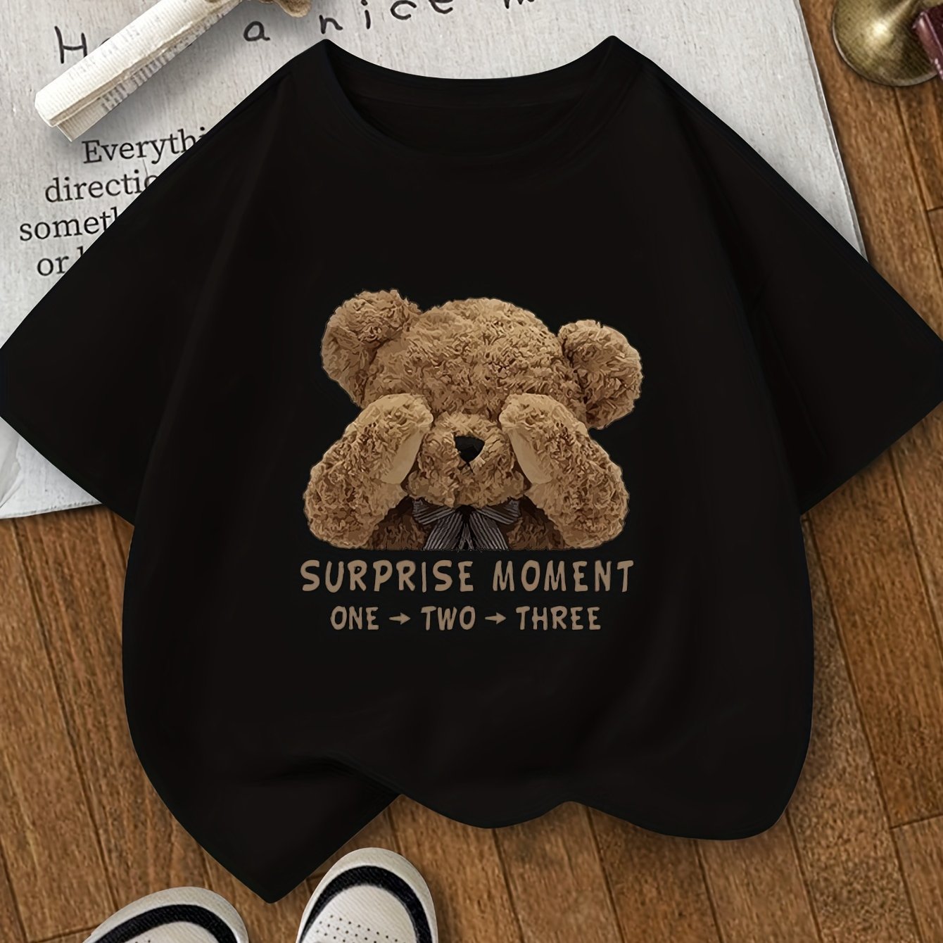 Girls Summer T-Shirt with Cartoon Bear Pattern Polyester Elastane Crew Neck Short Sleeve