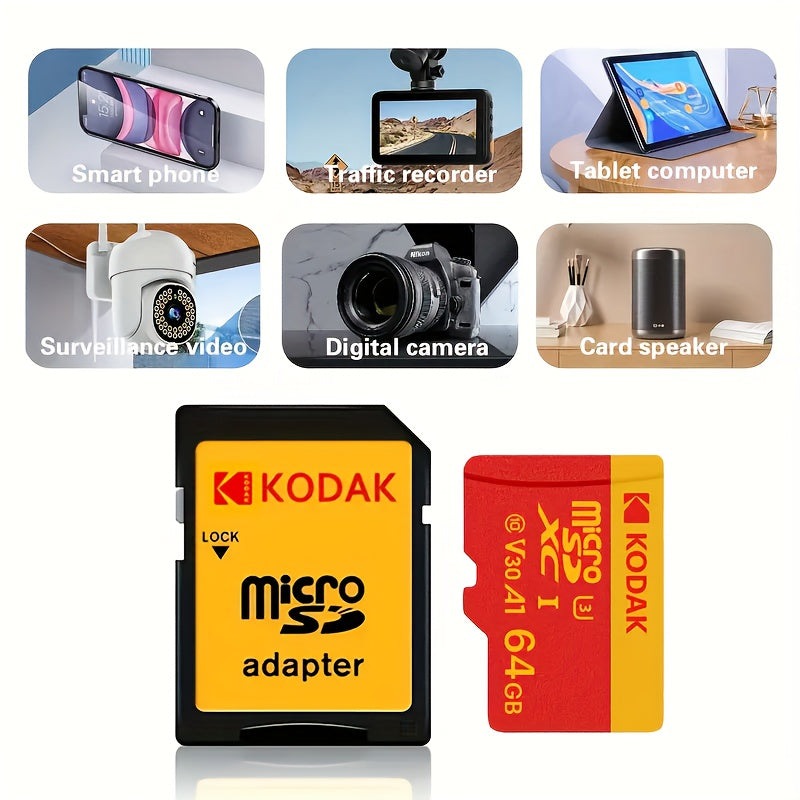 Kodak Micro SD karta TF xotira kartasi adapter bilan, 32GB, 64GB yoki 128GB sig'imda mavjud, C10 A1 TF flesh-karta.