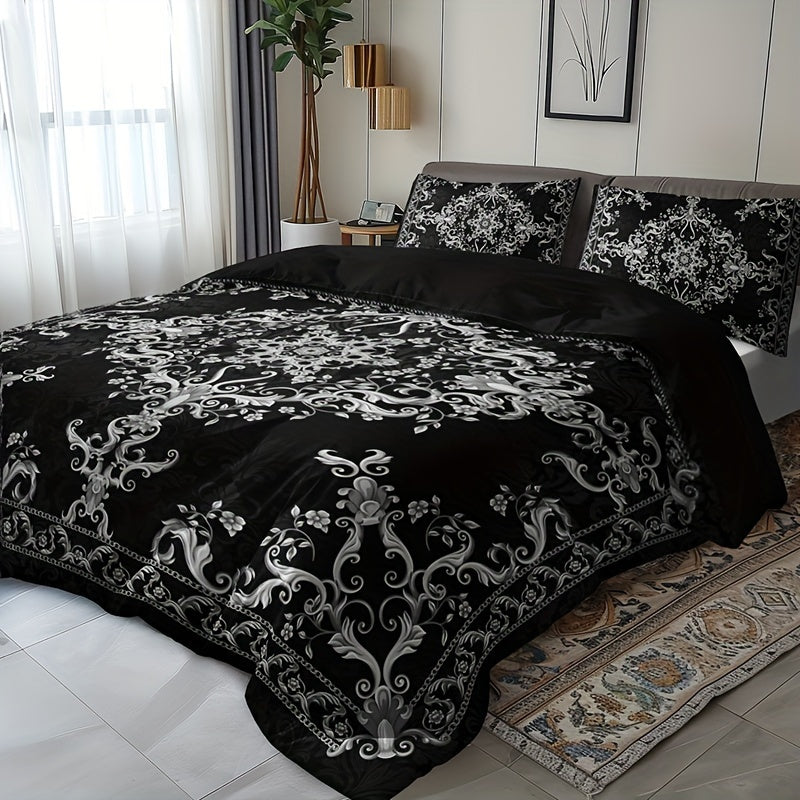 3-Piece Duvet Cover Set with Pillowcases Black and White Damask Digital Print Breathable Polyester All-Season
