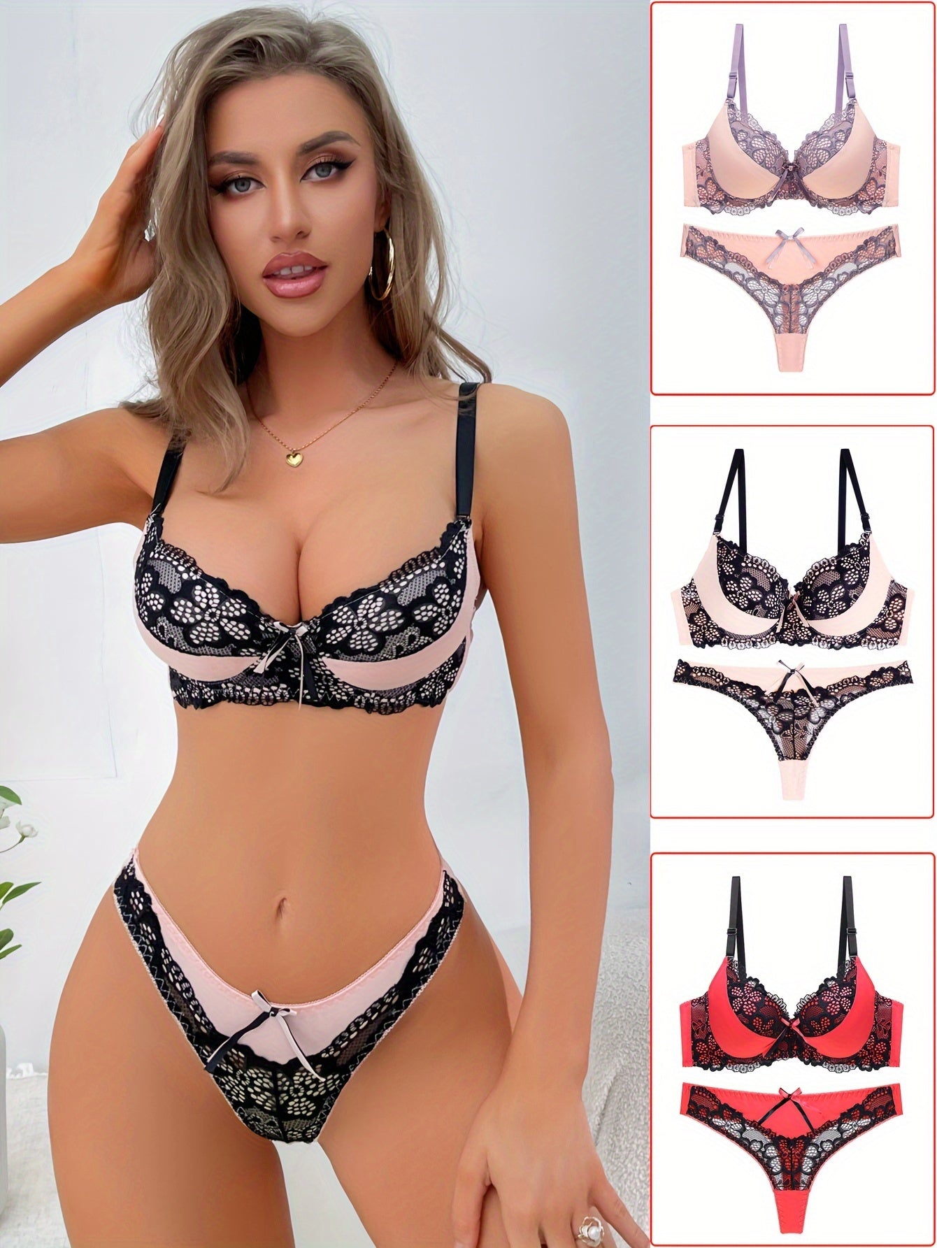Women's Colorblock Lace Bra and Thong Set Contrast Push Up Underwear