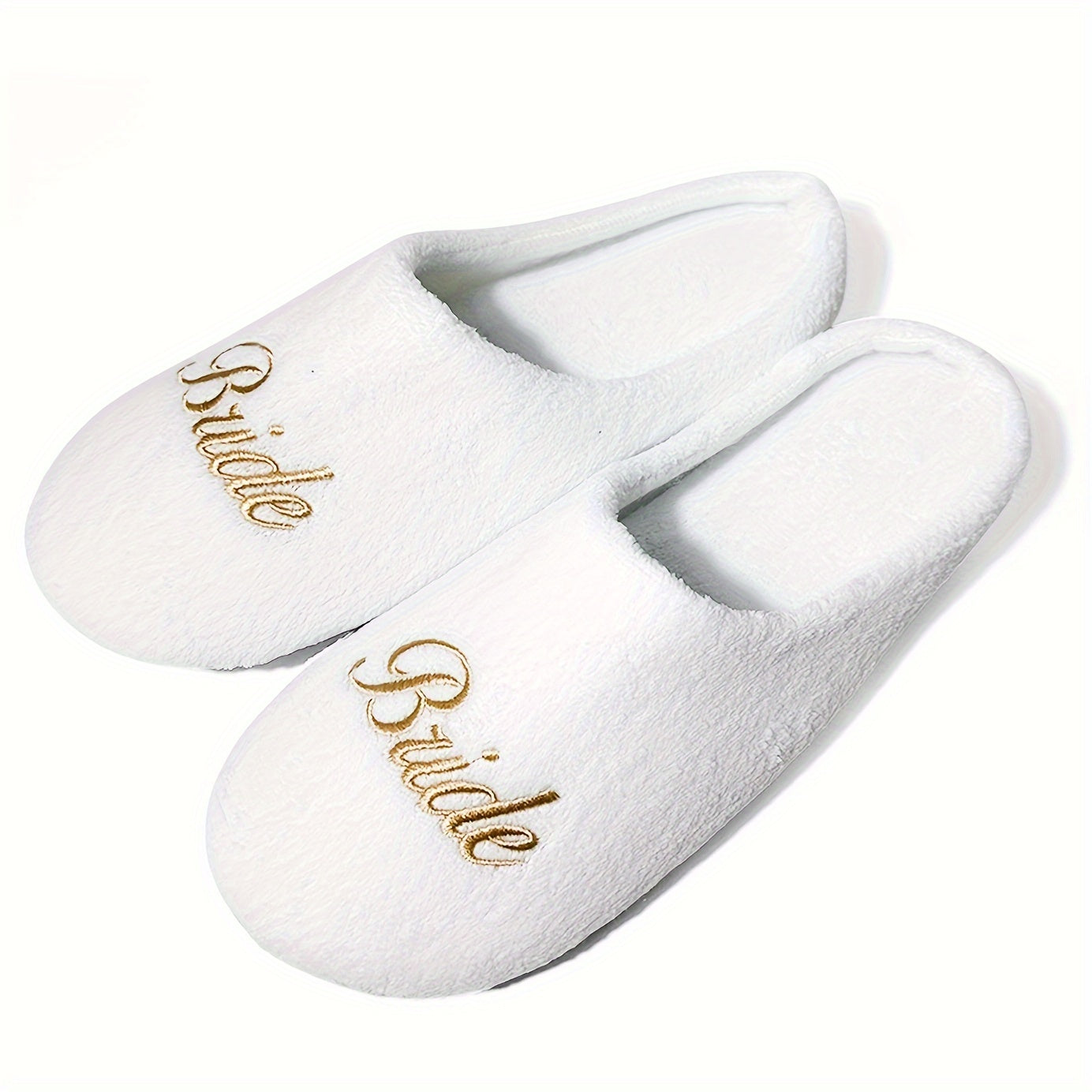 Ayollar uchun oq mo'rt va shilimshiqlik bilan bezatilgan to'yli va oltin harflar bilan yozilgan uy poyabzali