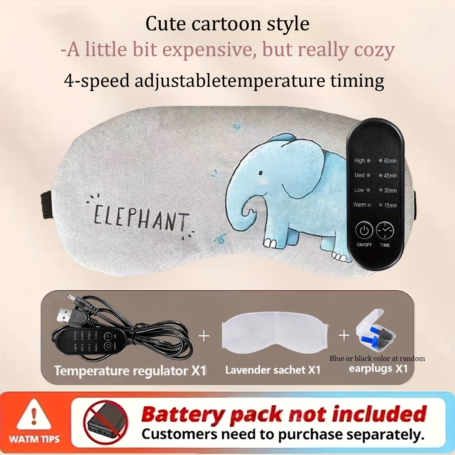 USB Heated Eye Mask with Adjustable Temperature, Includes Ear Plugs and Scented Bag