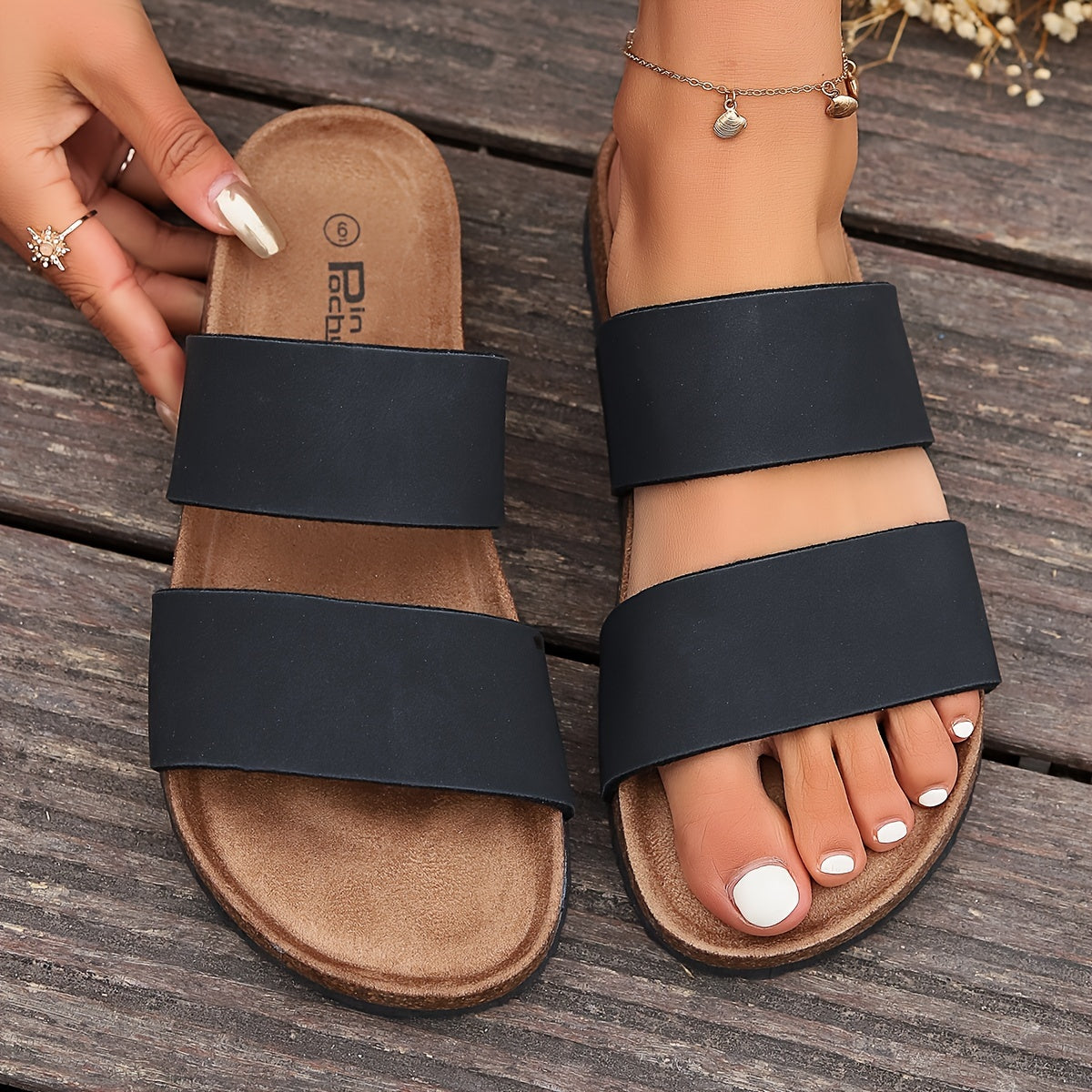 Women's Double Strap Slide Sandals Casual Open Toe Flat Faux Cover Black White Gray Brown