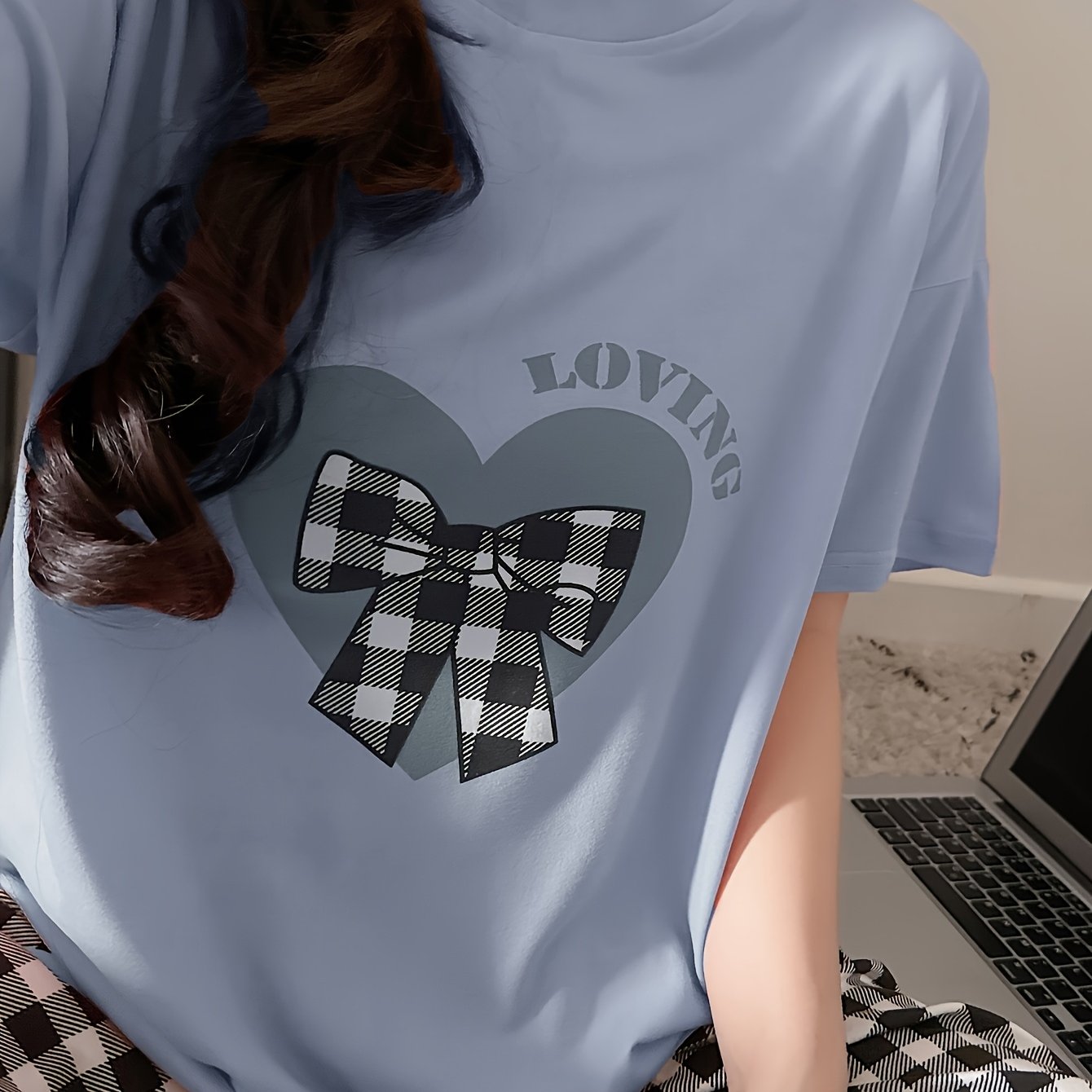 Women's Plus Size Pajama Set Light Purple Heart Checkered Lounge Wear