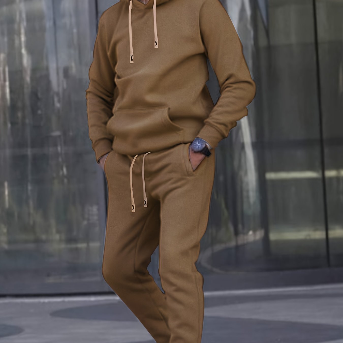 Men's Casual Sportswear Set with Embroidered Alphabet Belt Hooded Sweatshirt and Joggers