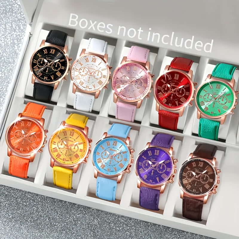 Fashion Quartz Watch Set 10pcs Zinc Alloy Case PU Leather Strap Non-Rechargeable Battery
