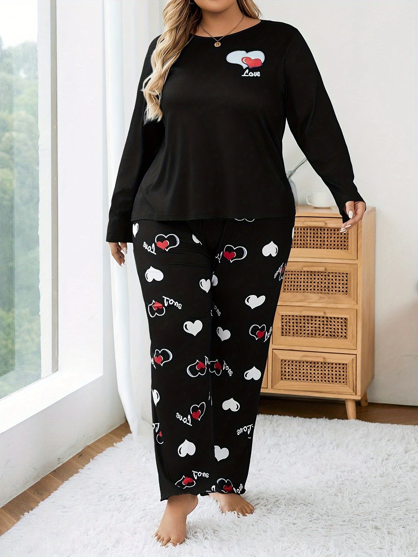 Women's Pajama Set Long Sleeve Heart Print Knit Polyester All-Season Sleepwear