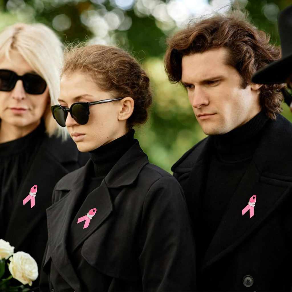 Pink Satin Ribbon Pins with Dove and "Forever in Our Hearts" Memorial Brooches