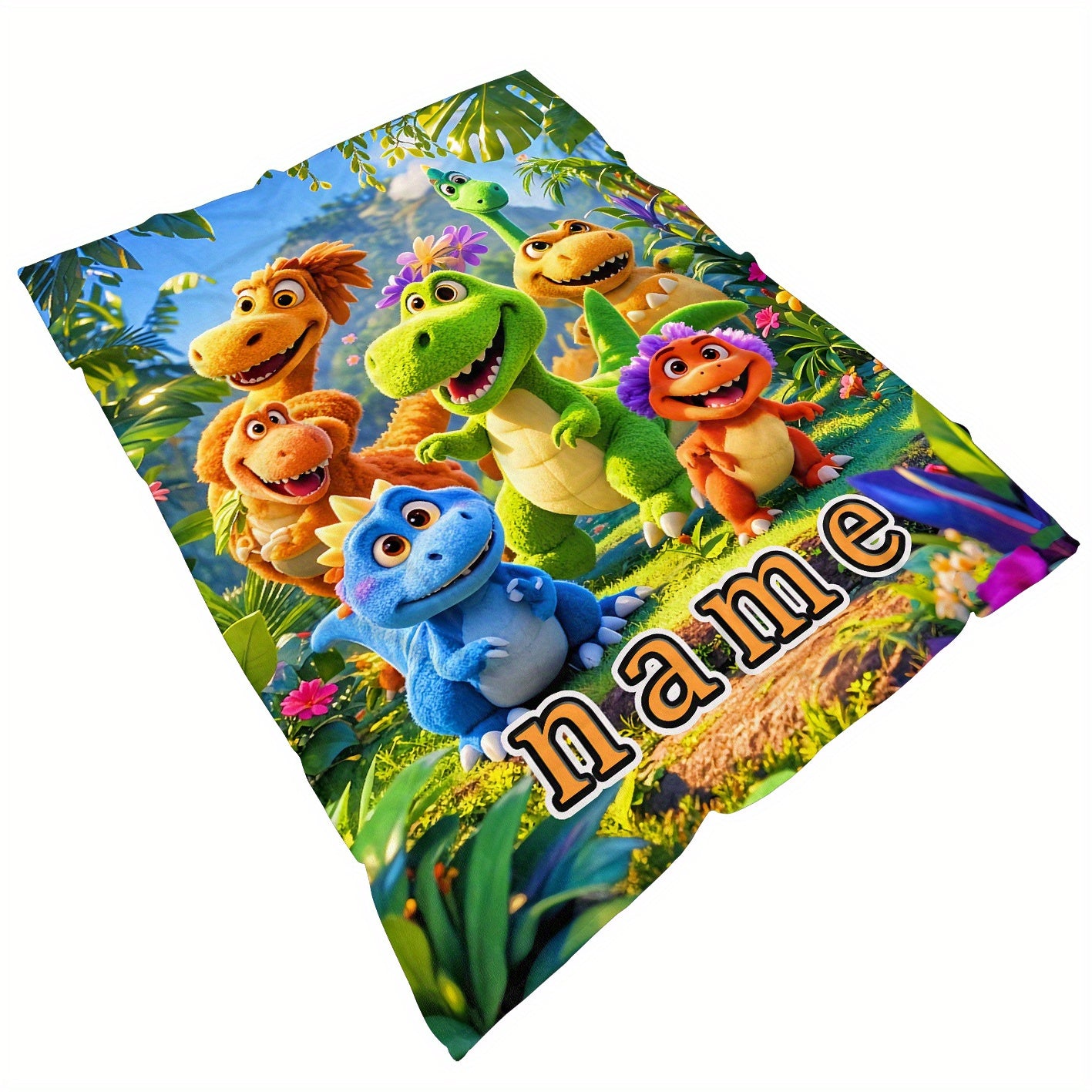 Personalized Fleece Blanket with Custom Name and Cartoon Dinosaur Print Lightweight Flannel Throw for Sofa Bed Travel Living Room Office
