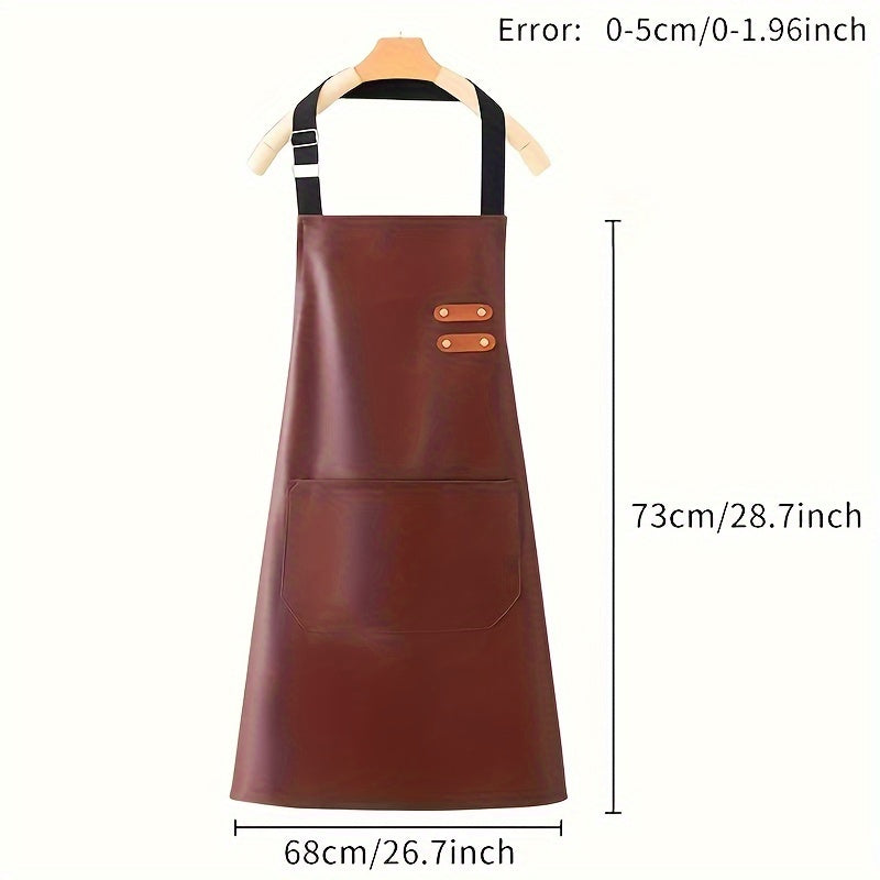 Faux Leather Polyester Apron Waterproof Oil-Proof Adjustable Neck Pocket for Cooking BBQ Barber Black Red