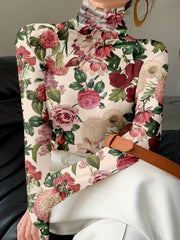 Women's Plus Size Floral Print Long Sleeve T-Shirt Polyester High Neck Casual Top