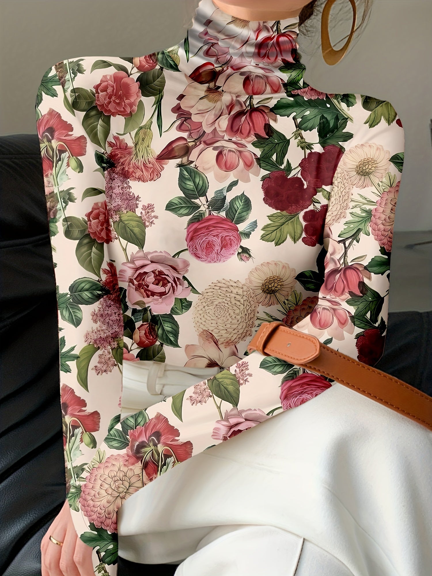 Women's Plus Size Floral Print Long Sleeve T-Shirt Polyester High Neck Casual Top