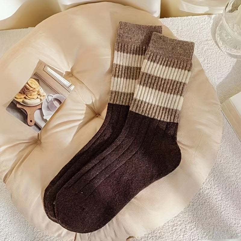 Women’s 5 Pairs Striped Mid-Calf Socks Polyester Spandex Fall Winter