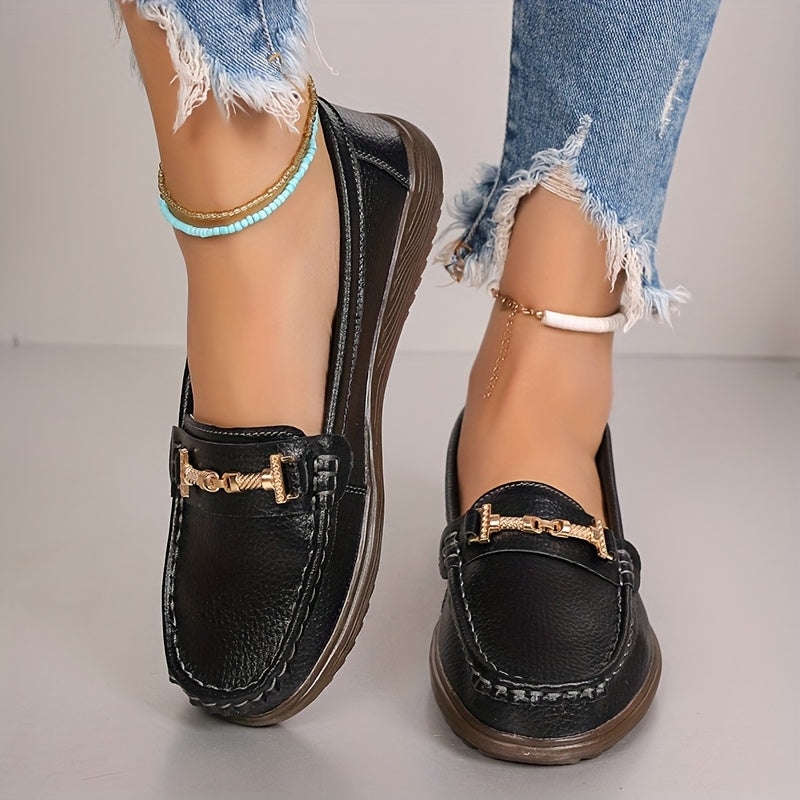 Women's Pu Cover Loafers with Metal Buckle Non-Slip Casual Shoes
