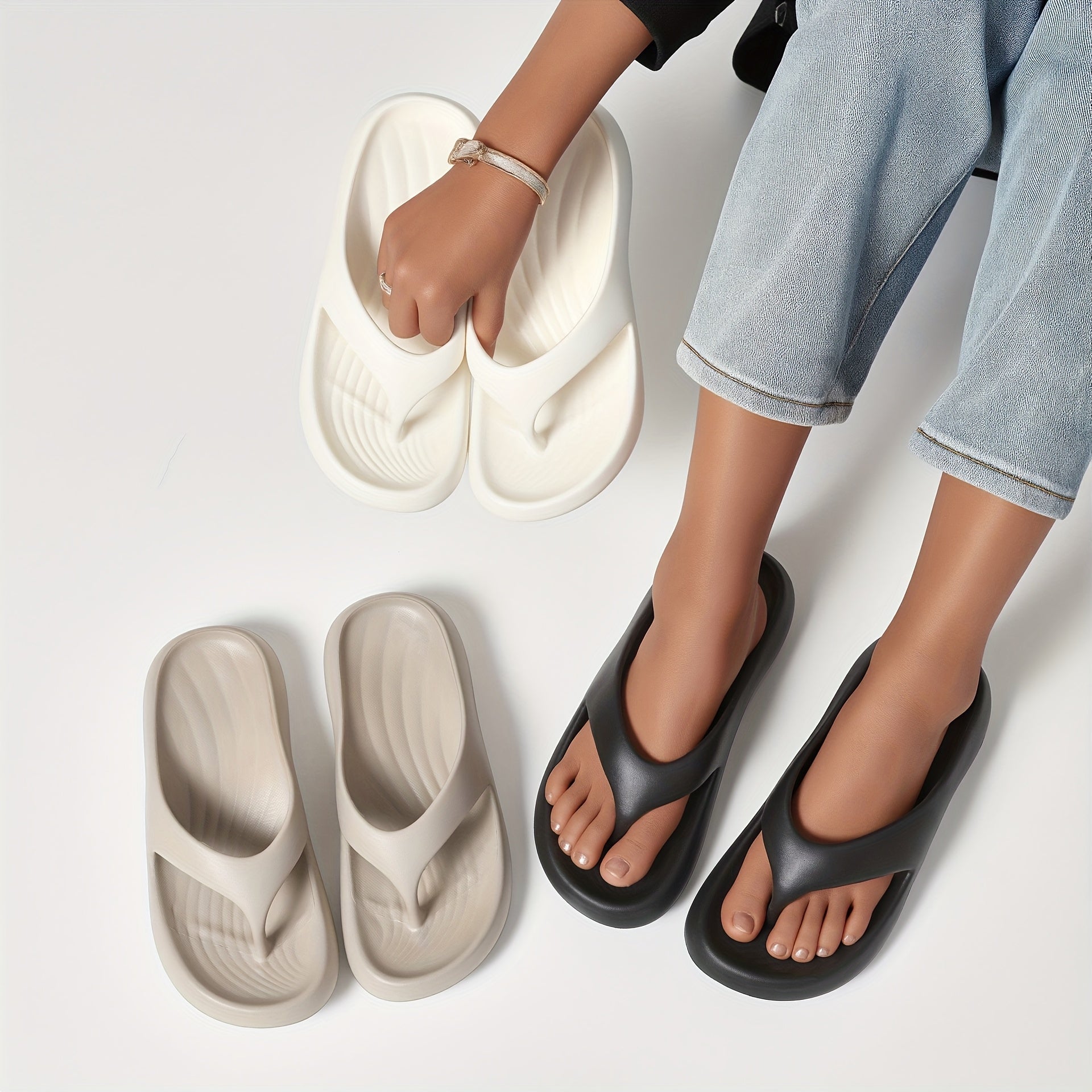 Women's EVA Slide Sandals Open-Toe Slip-On Casual Beach Shoes White Black