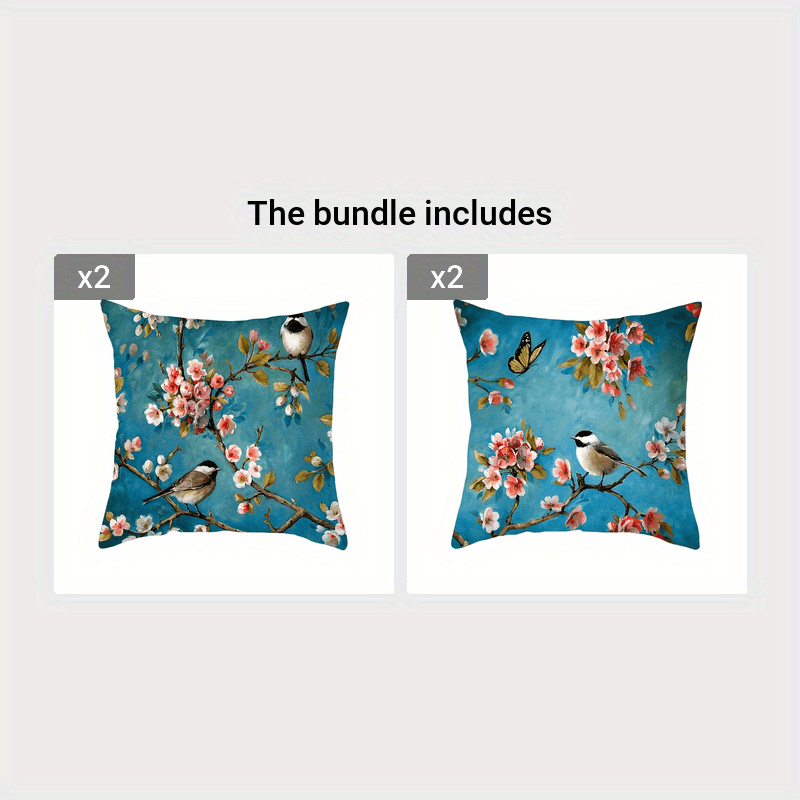 Floral and Bird Print Throw Pillow Cover Stain Resistant Polyester Zipper Closure