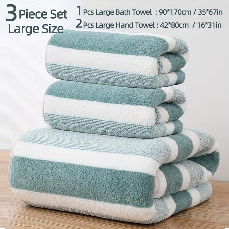 3-Piece Striped Towel Set Bath and Hand Towels Soft Absorbent Quick-Drying