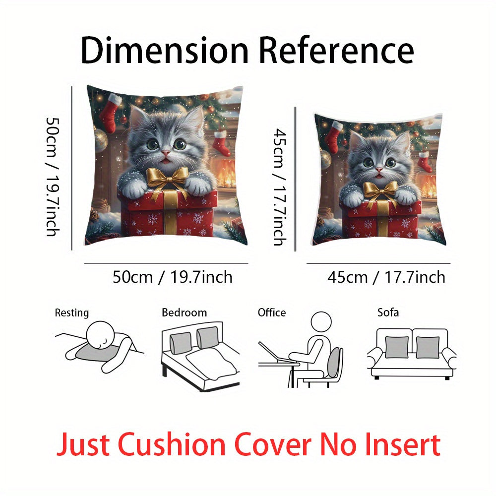 Festive Christmas Kitten Throw Pillow Cover Short Plush Polyester Decorative Cushion for Sofa Bed Car
