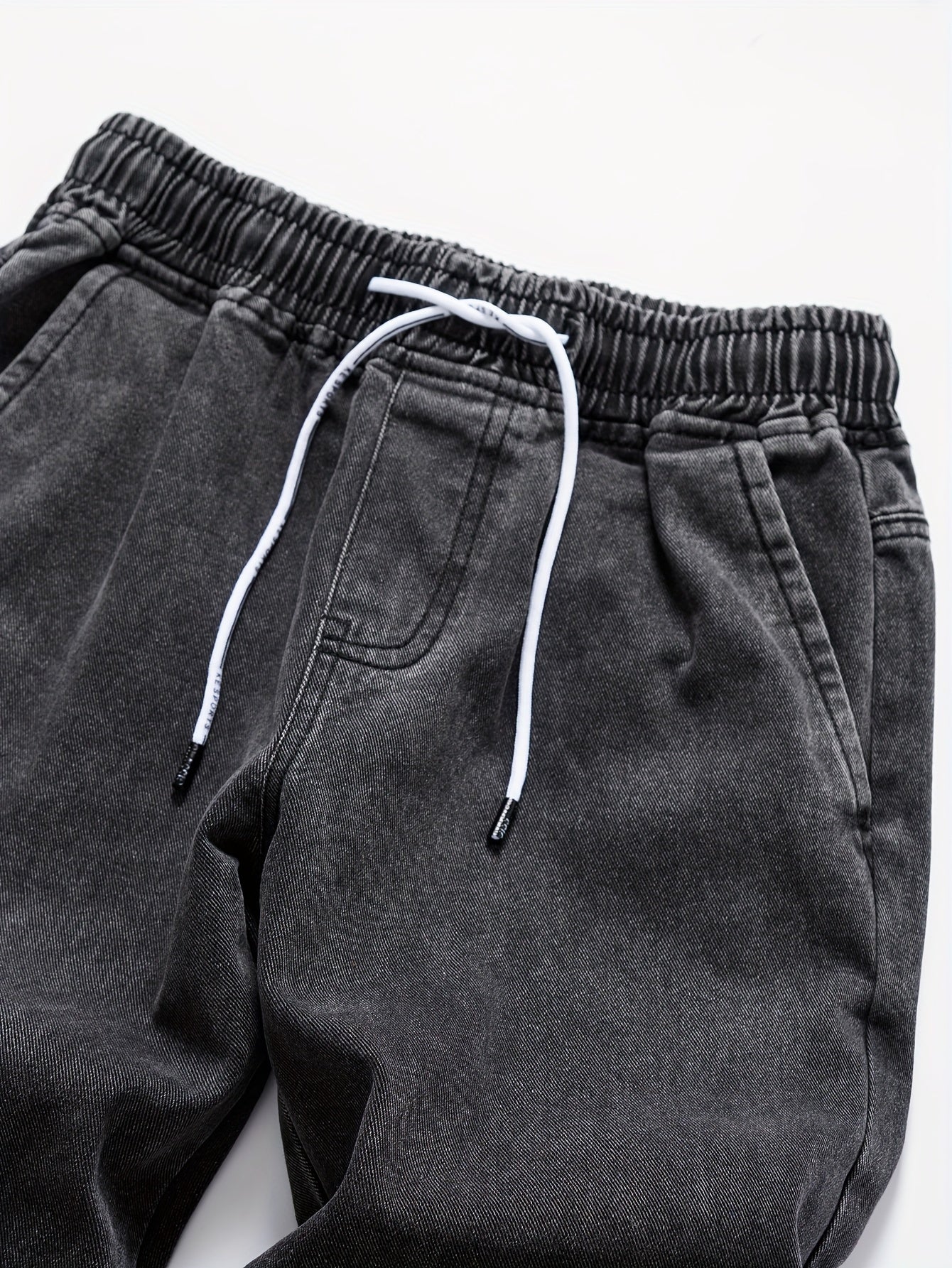 Men's Washed Denim Trousers with Pockets and Drawstring Waist for Outdoor Activities