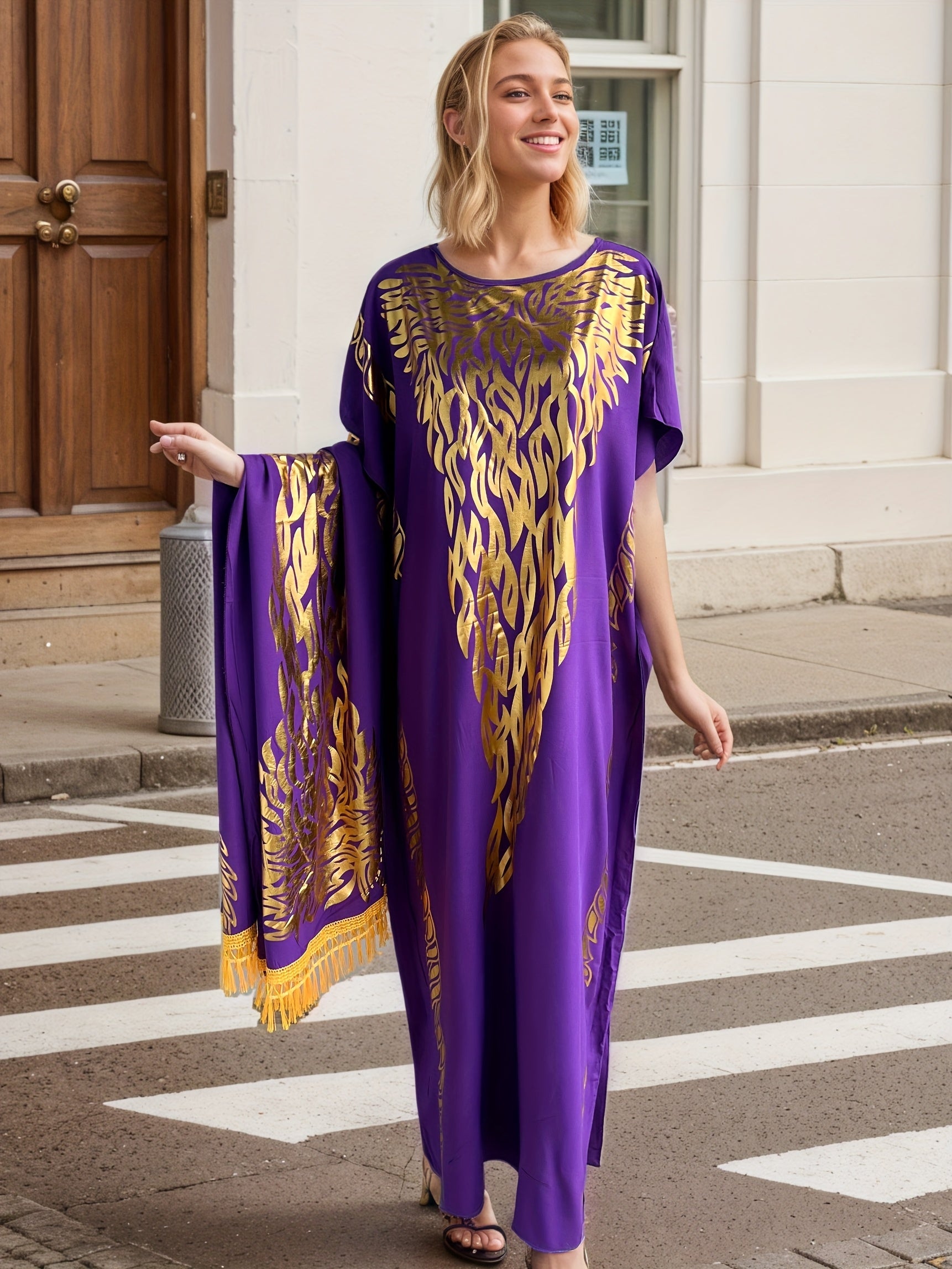 Plus o'lchamli musulmon kiyimi, tassel bosh kiyim bilan, batwing ko'krak, polga cho'zilgan, binafsha mato