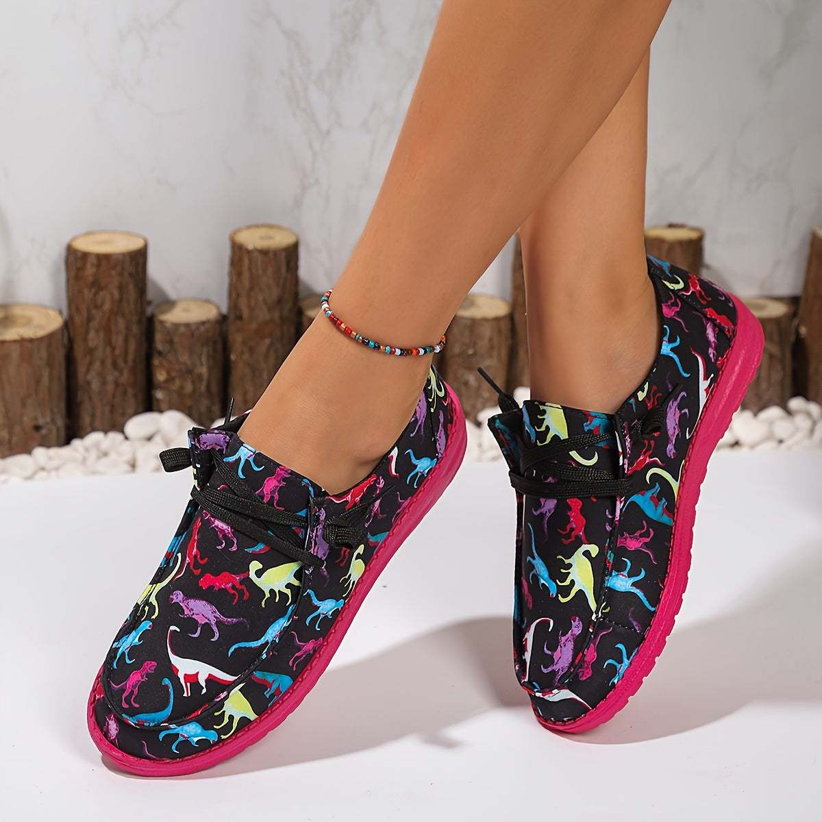 Women's Colorful Dinosaur Print Casual Sneakers Lightweight Athletic Shoes