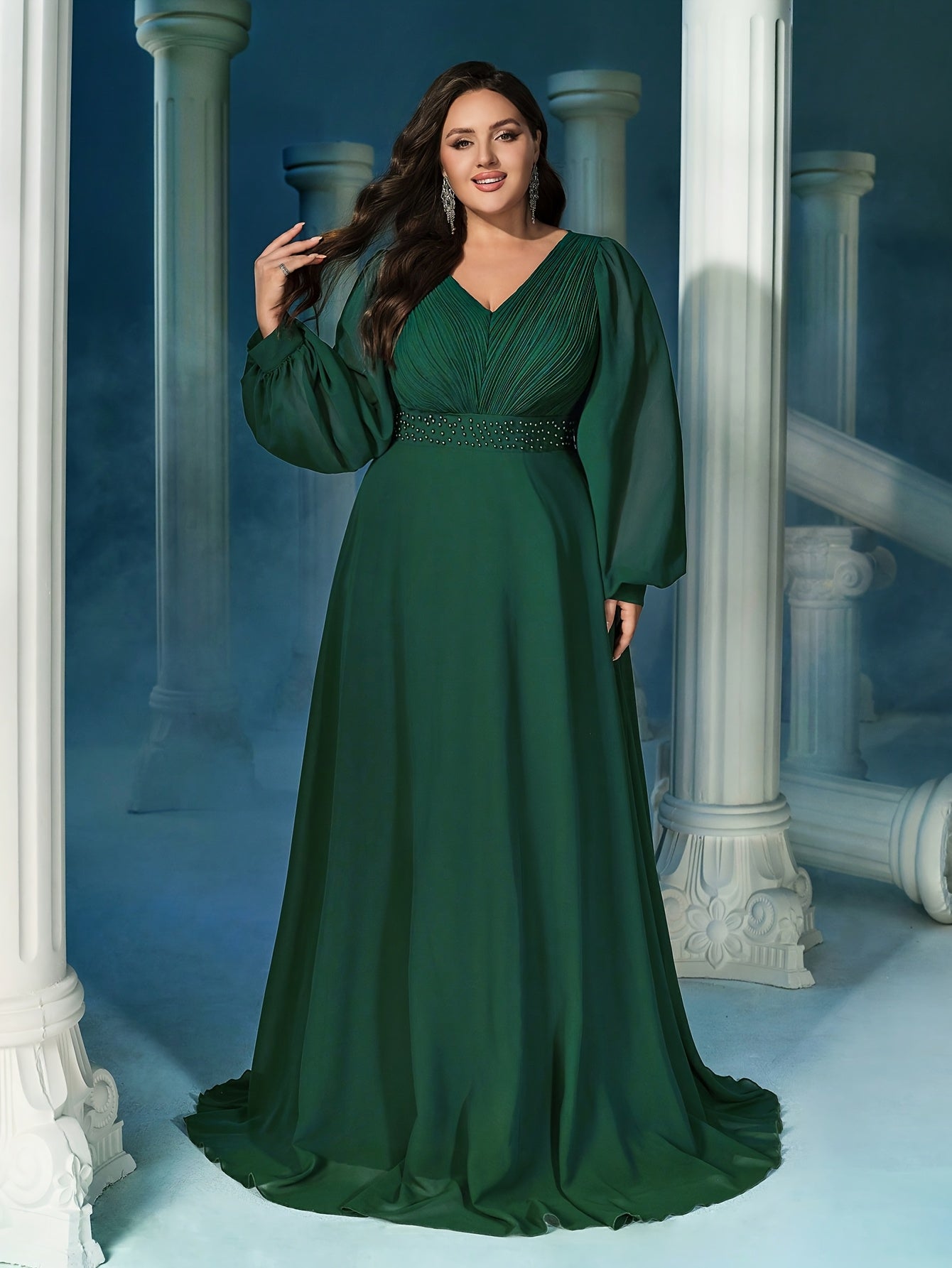 Women Emerald Green Rhinestone V-Neck Lantern Sleeve Evening Gown